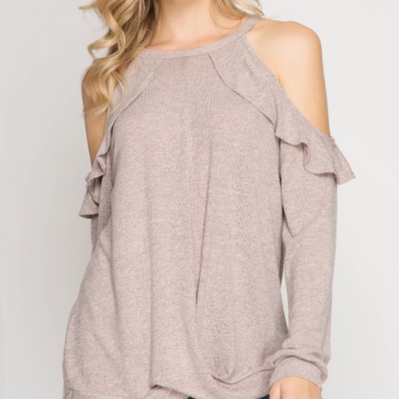 Light Pink Taupe Ruffle Cold Shoulder Top - Picture 2 of 5